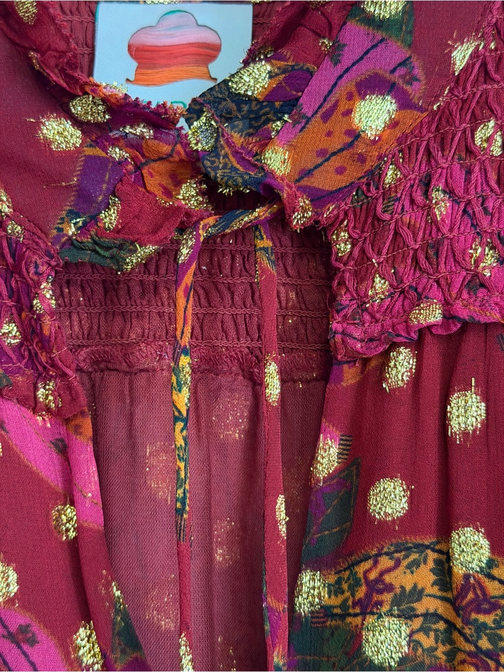 Farm Rio Banana Flowers Mini Dress Long Sleeve Ruffled Maroon Gold Size Medium - Picture 9 of 15